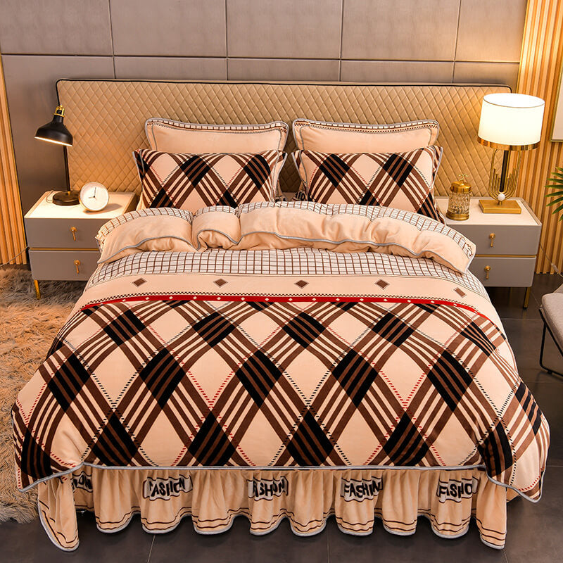 High-quality milk velvet floral sheet set with bed skirt, offering a soft touch and elegant bedroom style.