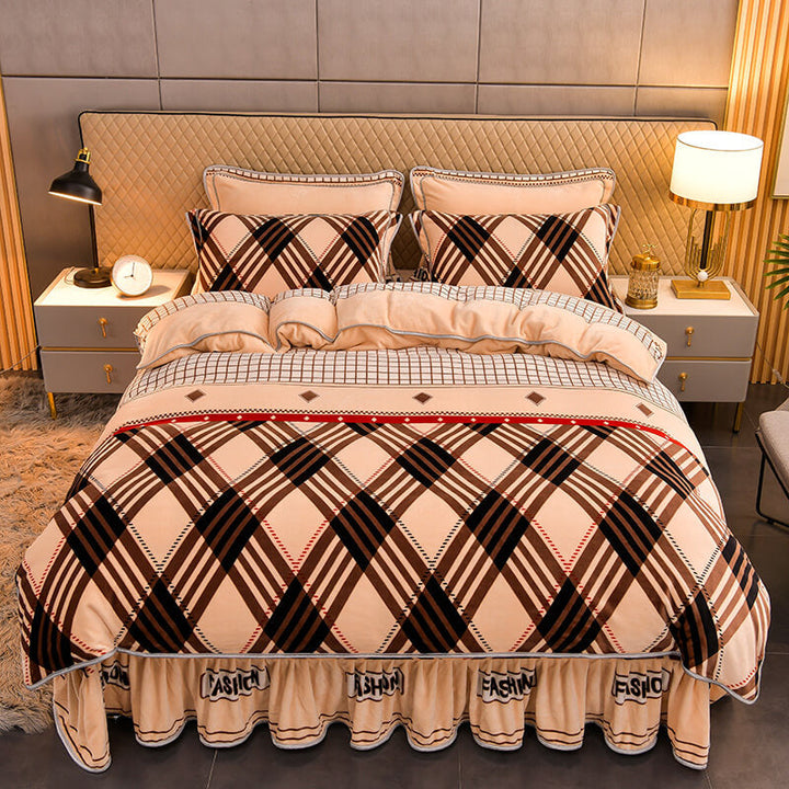 High-quality milk velvet floral sheet set with bed skirt, offering a soft touch and elegant bedroom style.