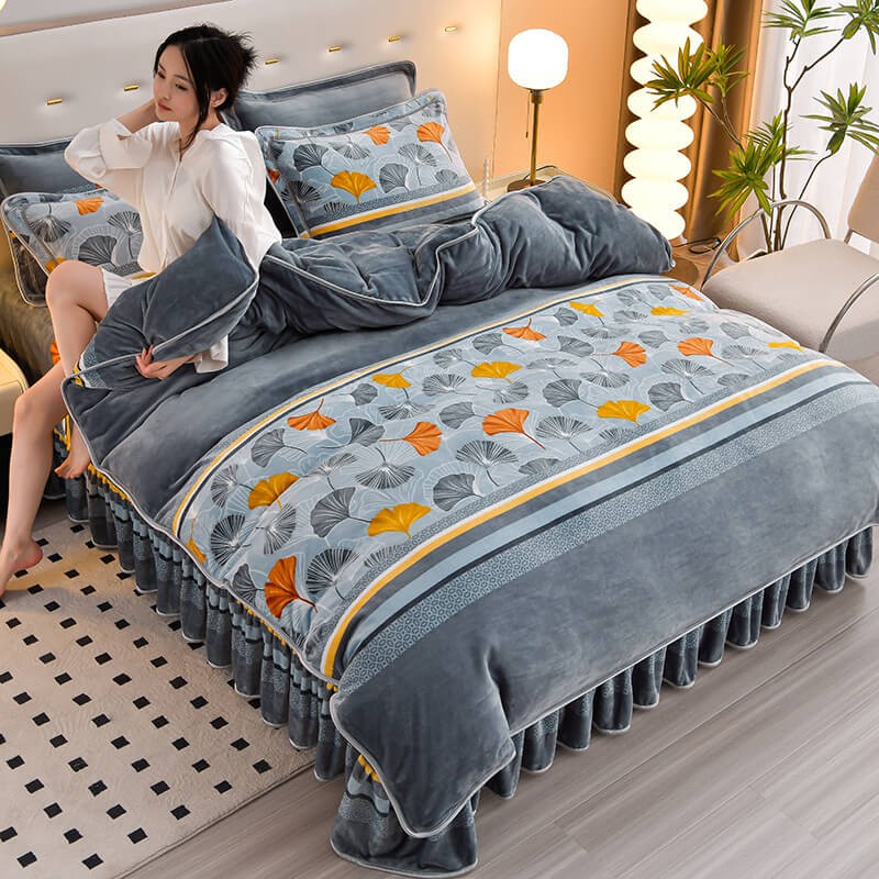 Soft floral milk velvet sheet set, queen size, with matching bed skirt for elegant bedroom textiles.