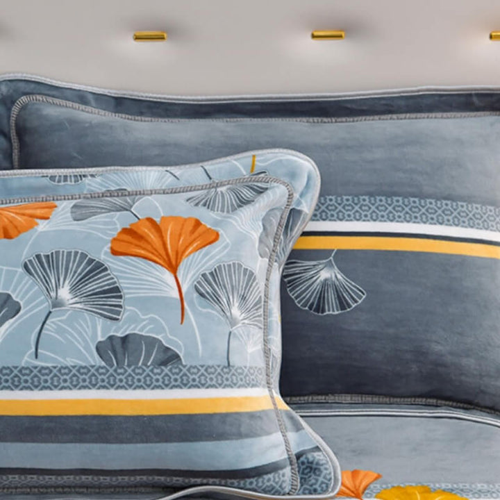 Full view of a bed styled with floral milk velvet sheet set and a graceful bed skirt, inviting comfort.