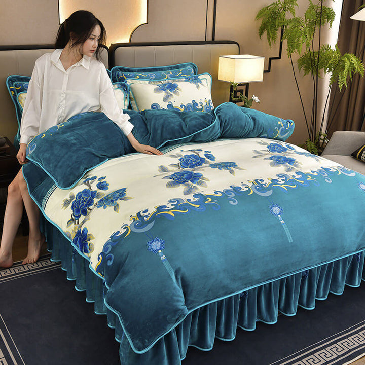 Cozy floral milk velvet bedding with a flowing bed skirt, perfect for adding luxury to home textiles.