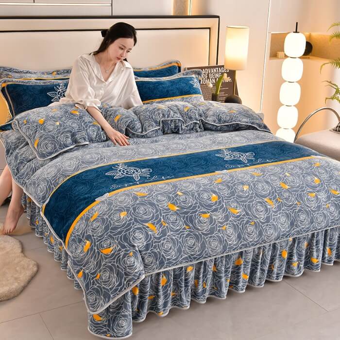 Bedroom featuring a complete floral milk velvet sheet set, designed for ultimate comfort and decor.