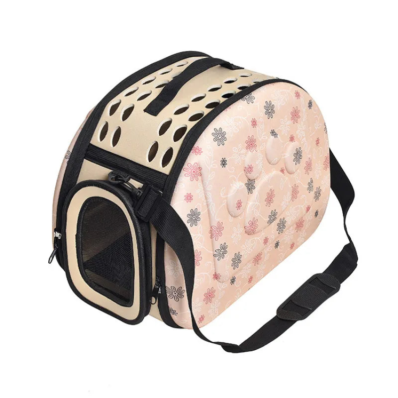 Floral decorated soft pet carrier for cats or small dogs, ensuring safe car travel