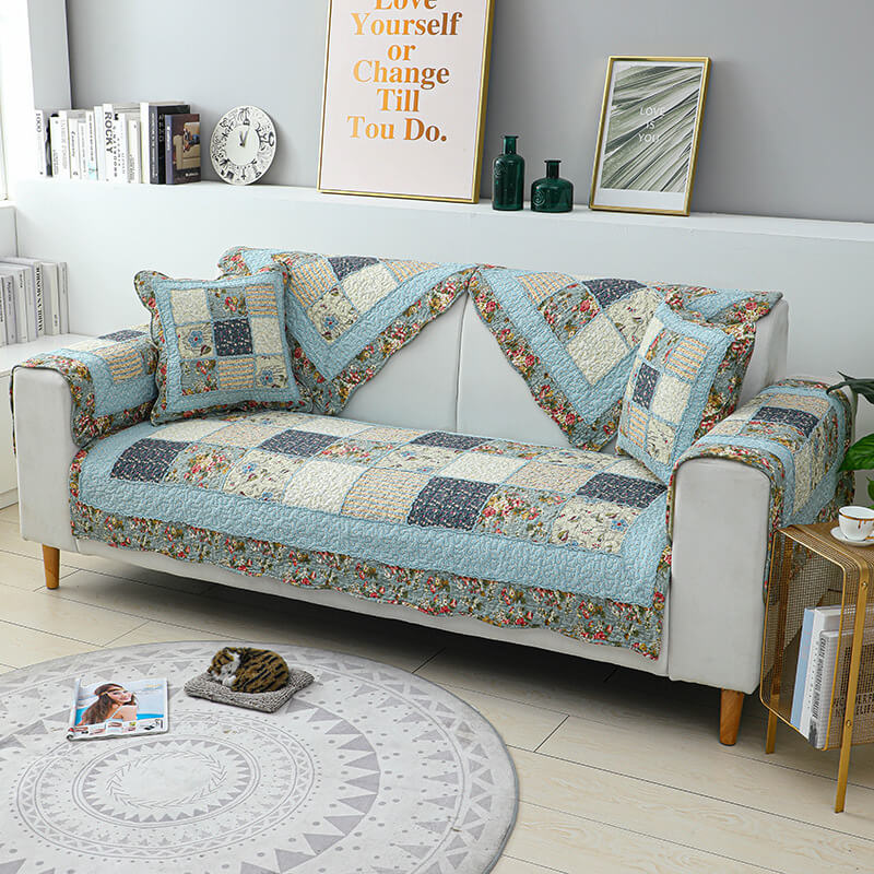 Floral plaid cotton blend sofa cover, pet-friendly, for living room decor