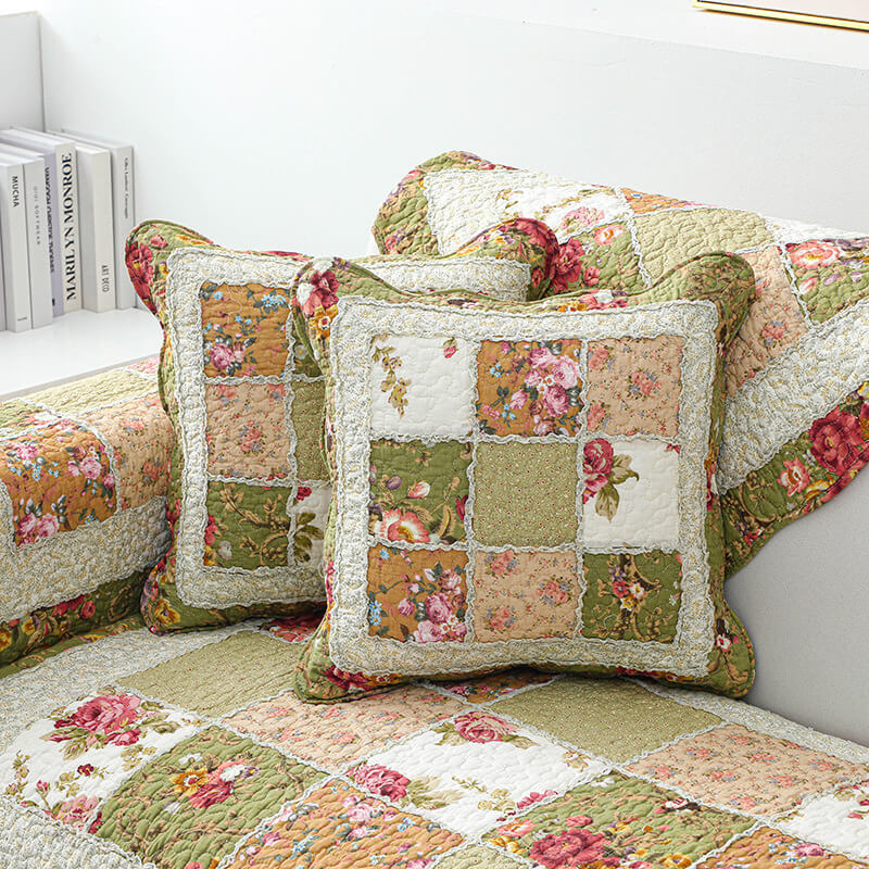 Full view of a living room with a new floral plaid sofa cover