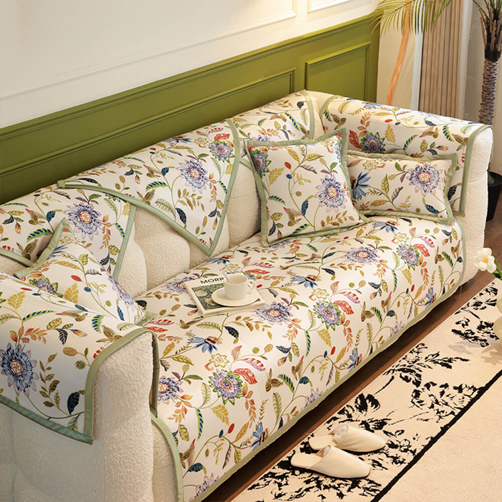 Floral sofa cover with cooling fabric, non-slip, for sectional couch, pet friendly