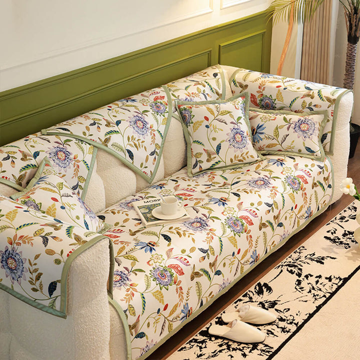Floral sofa cover with cooling fabric, non-slip, for sectional couch, pet friendly