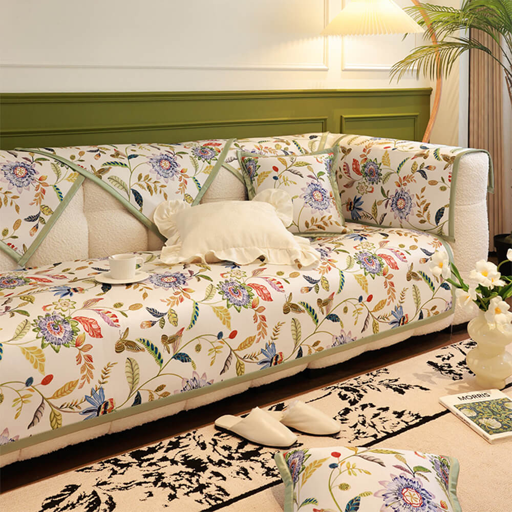 Cream floral sofa cover with blue flowers, cooling fabric, pet friendly, machine washable