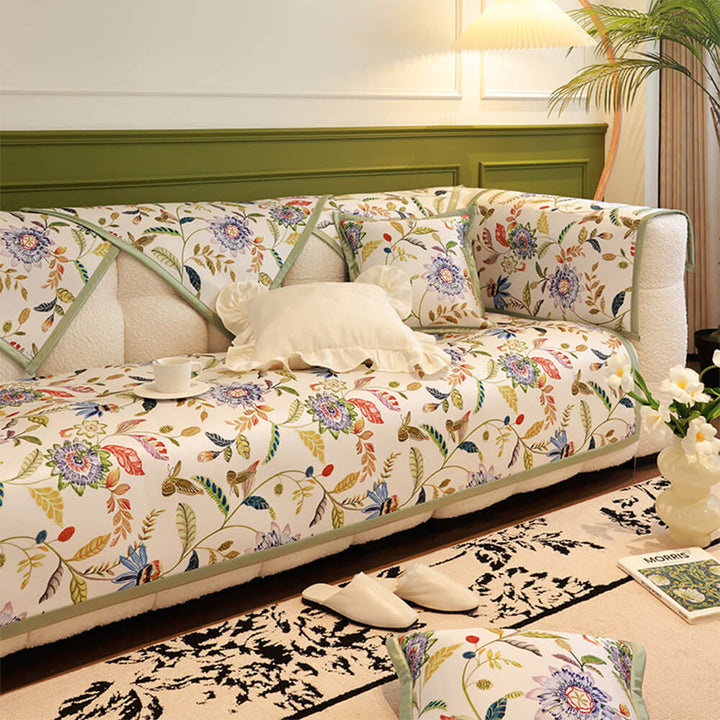 Cream floral sofa cover with blue flowers, cooling fabric, pet friendly, machine washable