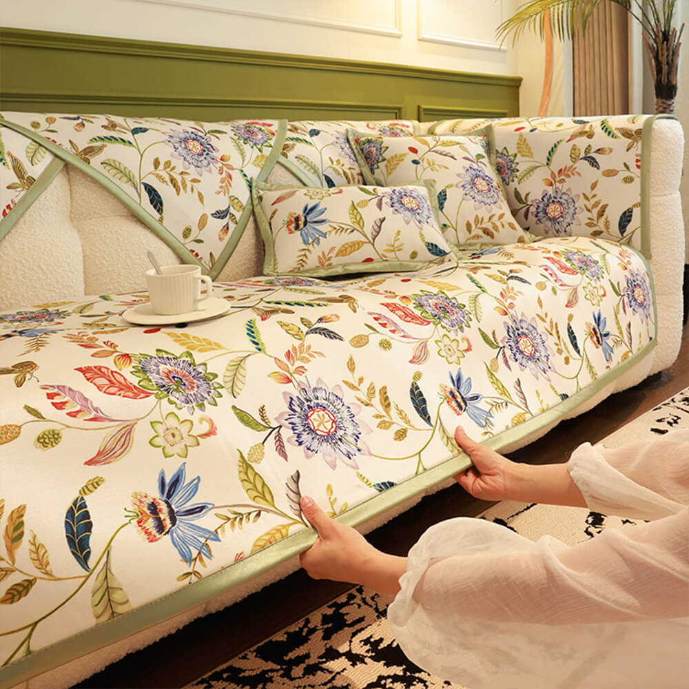 Soft floral couch cover, cooling fabric, non-slip design, perfect for home decor
