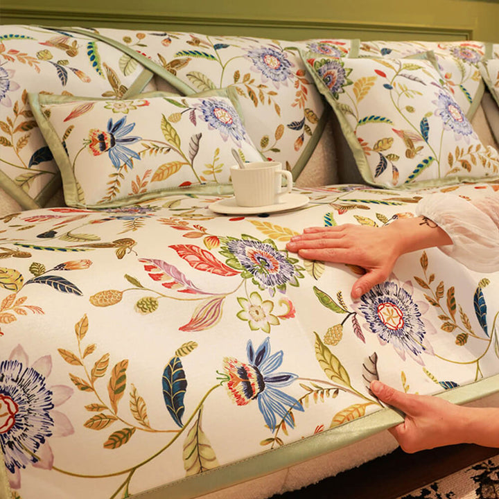 Durable floral sofa protector with cooling tech, non-slip fit for various couches