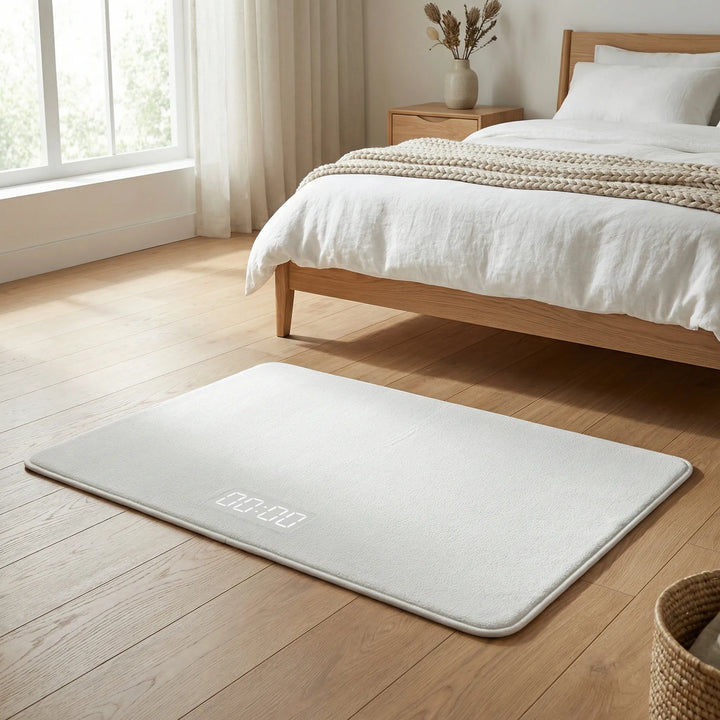 Flowique wave pressure sensitive alarm mat. Stylish bedroom rug for heavy sleepers, smart non-snooze wake-up.