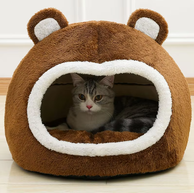 Fluffy Cat Cave Bear bed, brown, with non-slip base, for cozy cat naps