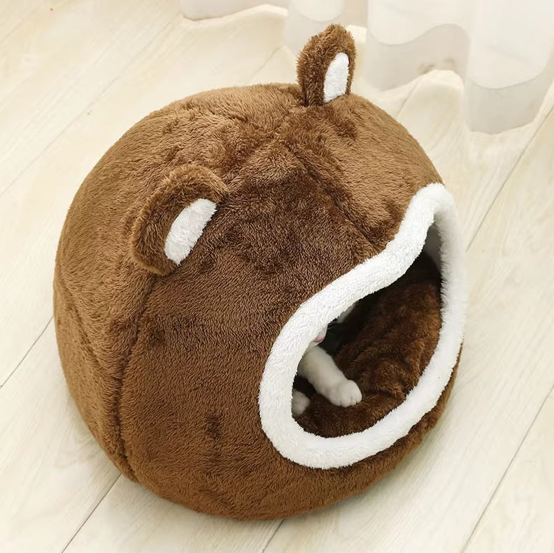 Cozy cat bed shaped like a bear, soft and washable, perfect for pets