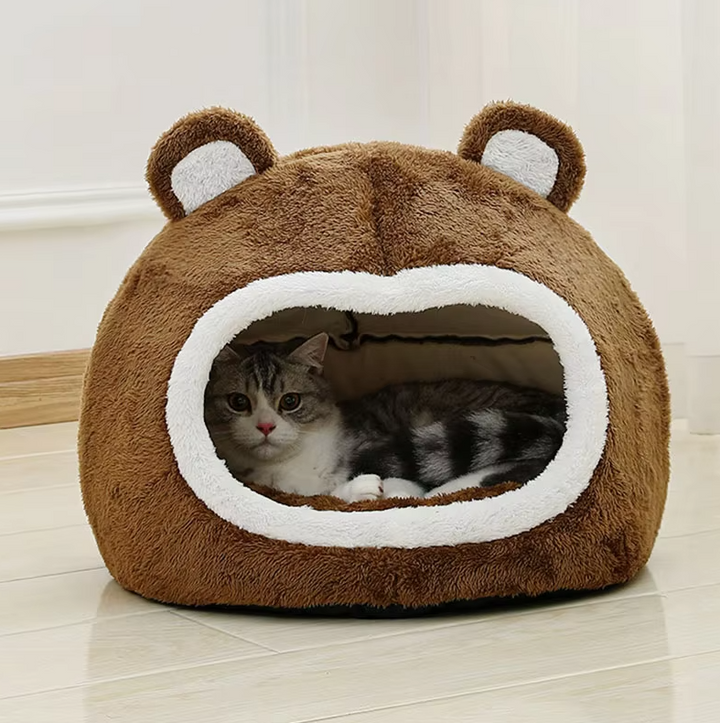 Cute bear design cat cave, plush pet bed with non-slip bottom for cats