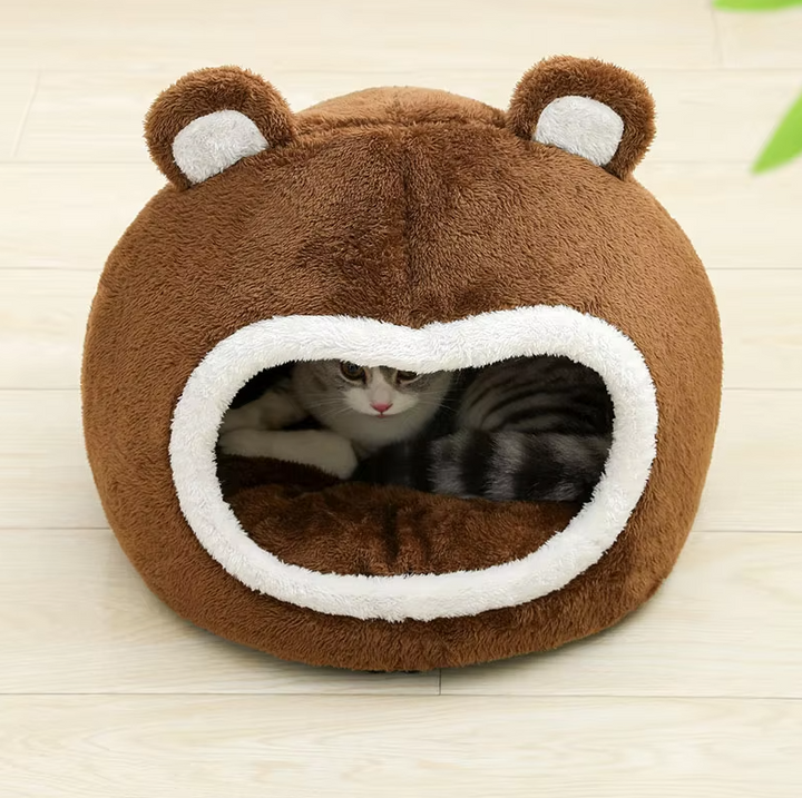Washable Cat Cave Bear, a cozy pet bed with non-slip feature for playful cats