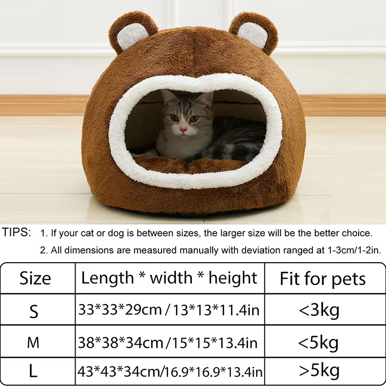 Luxurious fluffy pet bed, bear animal design cat cave with non-slip base