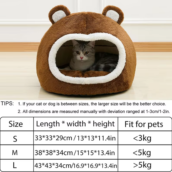 Luxurious fluffy pet bed, bear animal design cat cave with non-slip base