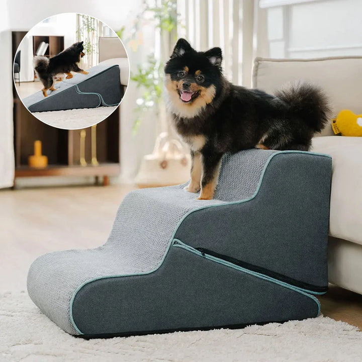 Foldable 2-in-1 pet stairs and ramp, orthopedic foam for joint support, ideal for senior or small dogs.