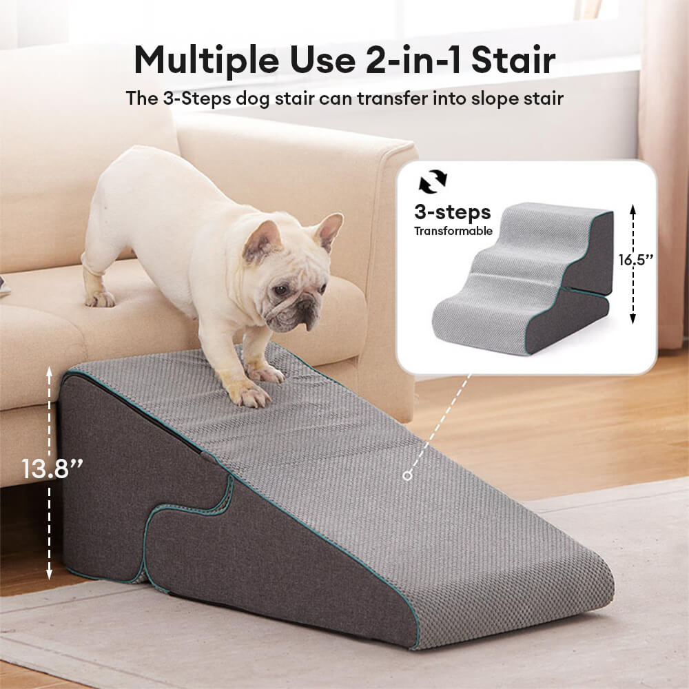 Multifunctional dog stairs and ramp combo, dark grey fabric, offering joint support and easy pet mobility.