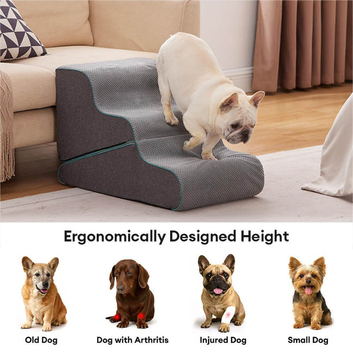 Beige foldable pet ramp and stairs, orthopedic foam cushions, perfect for small dogs and joint pain relief.