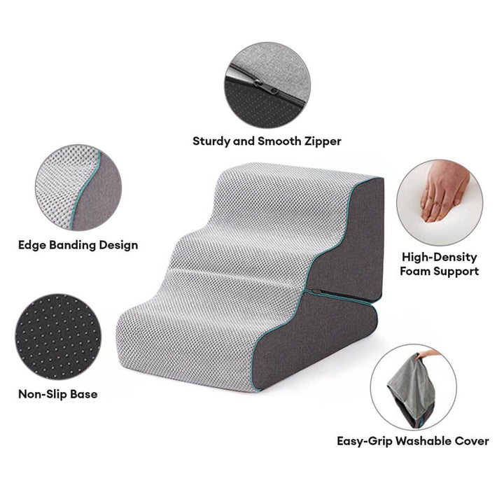 Close-up of washable cover on 2-in-1 pet stairs, orthopedic foam for comfort and senior dog support.