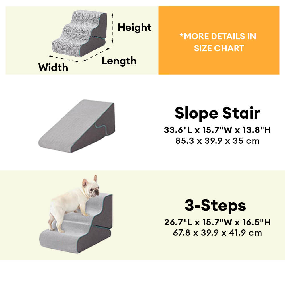 Elderly dog comfortably using 2-in-1 pet ramp for sofa access, orthopedic foam supports joints.