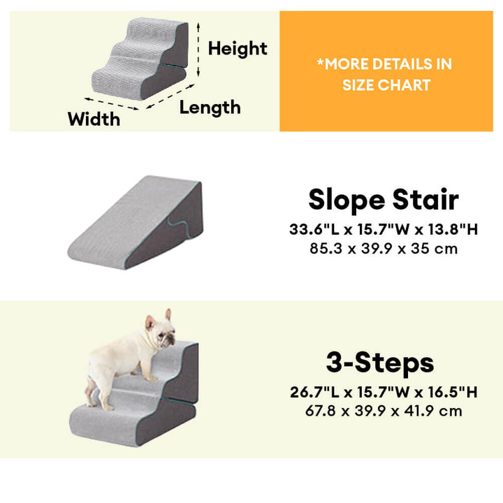 Elderly dog comfortably using 2-in-1 pet ramp for sofa access, orthopedic foam supports joints.