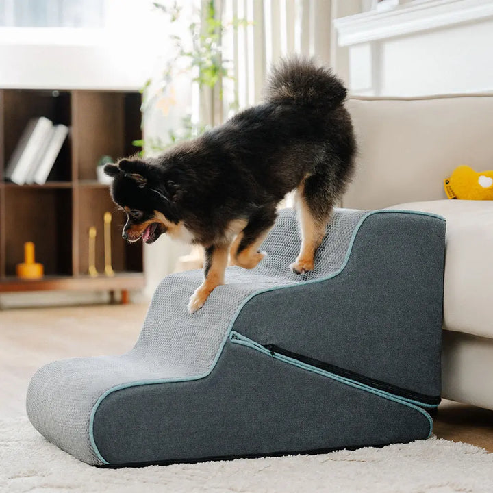 Orthopedic foam pet stairs, 2-in-1 design transitioning from stairs to ramp, with washable cover.