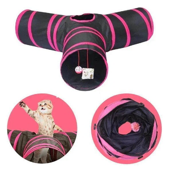 Three-way pet play tunnel, foldable and portable, for cats and small dogs