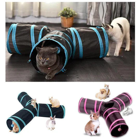 Cat exploration tunnel: three-way design, collapsible, for indoor pets