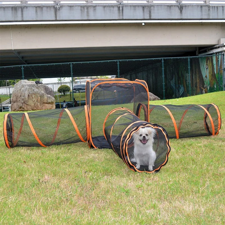 Foldable black mesh dog playpen with zippered door, perfect for indoor and outdoor use. Durable pet enclosure.