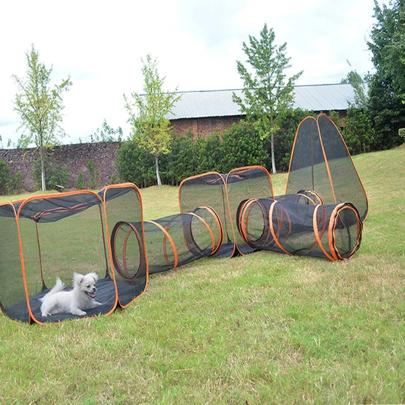 Closeup of durable fabric and mesh on a foldable dog playpen, highlighting quality indoor outdoor pet gear.
