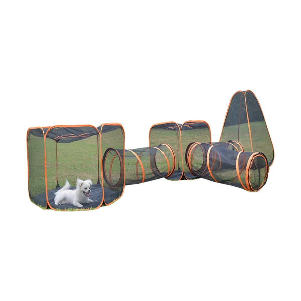 Black portable dog playpen with carrying case shown, emphasizing its ease of transport for pet accessories.