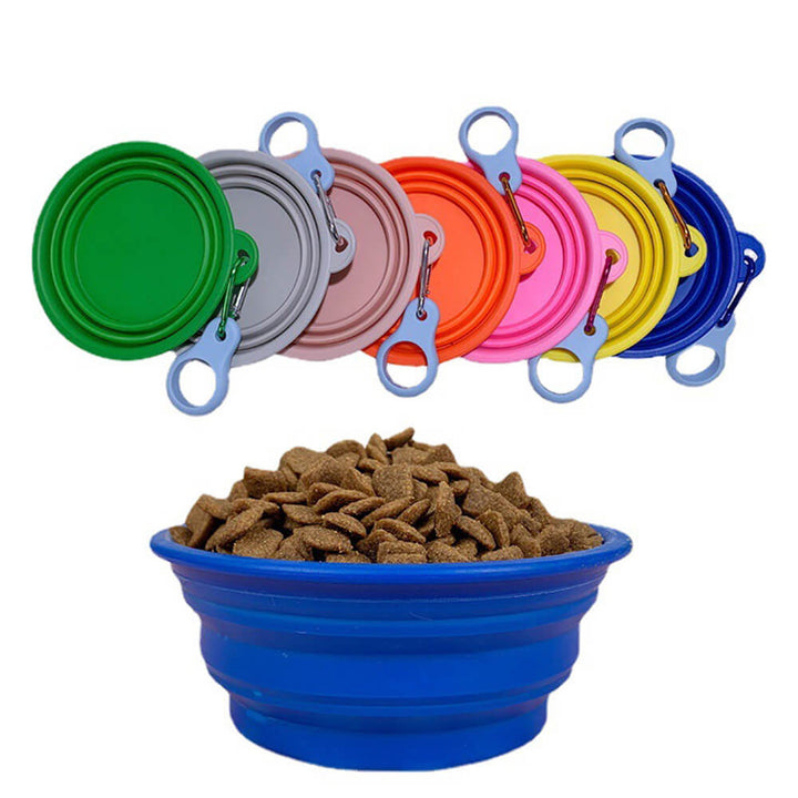 Foldable blue silicone travel pet bowl for dogs and cats, portable for outdoor adventures.