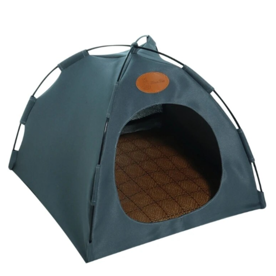 Two cats resting inside a spacious, expandable dark gray pet tent, cozy cat house for relaxation