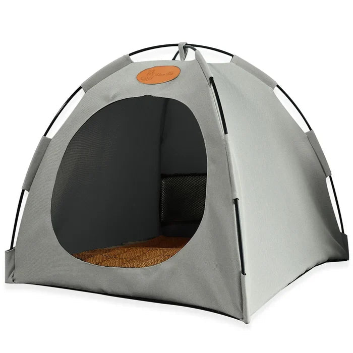Side view of a dark gray foldable pet tent, showing sturdy construction, portable outdoor cat house