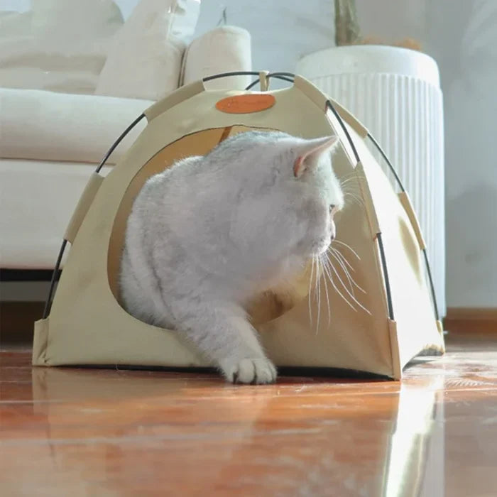 Expandable pet tent for cats, open showing spacious interior, dark gray foldable cat house