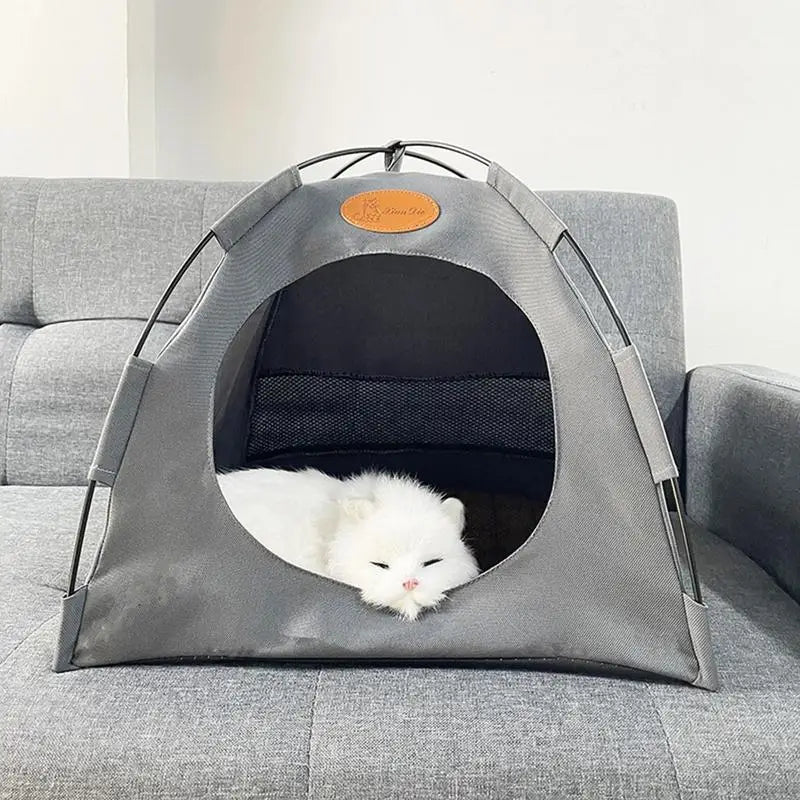 Cozy cat inside an outdoor pet tent, dark gray foldable cat house with mesh panels, comfortable