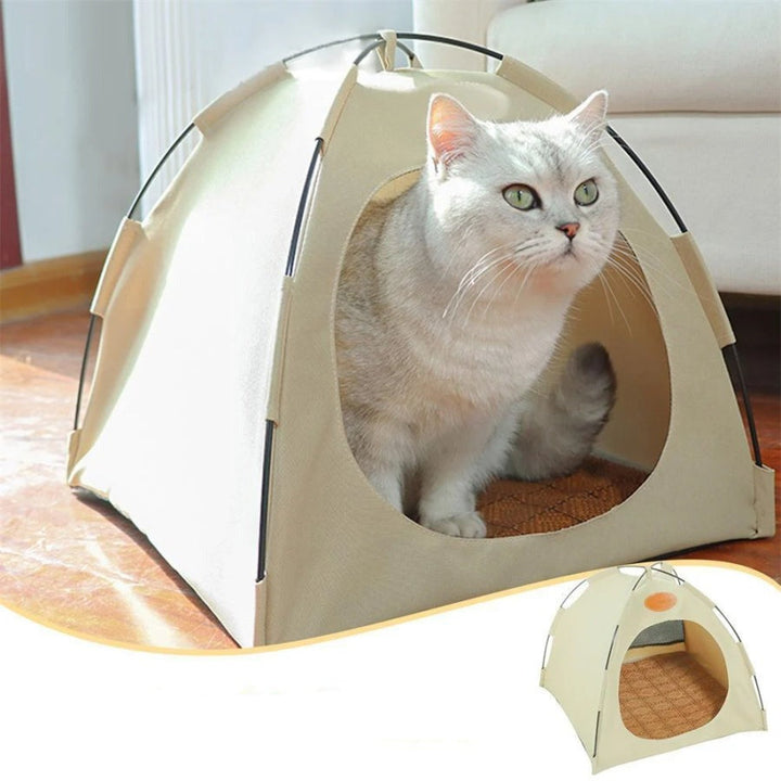 Expandable cat house fully extended, showing multiple sections, ideal for multiple cats, pet bed