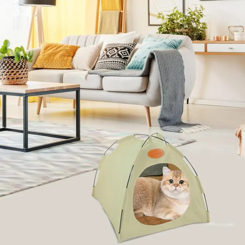 Outdoor cat house situated in a garden, dark gray foldable pet tent, enhancing pet comfort