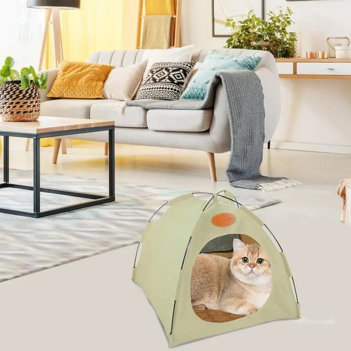 Outdoor cat house situated in a garden, dark gray foldable pet tent, enhancing pet comfort