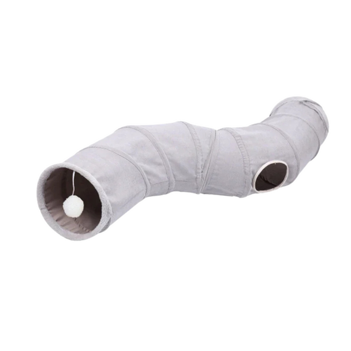 Foldable cat play tunnel with crinkling lining and bell, perfect interactive cat toy for indoor outdoor fun