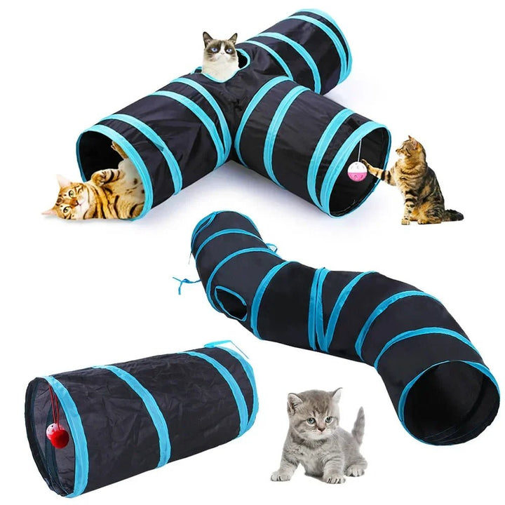 Lightweight foldable cat play tunnel in a living room, interactive pet toy for indoor feline activities