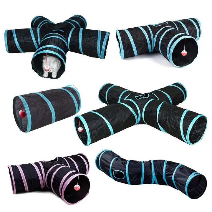 Orange collapsible cat tunnel with a soft bed at the end, perfect pet accessory for indoor play and rest