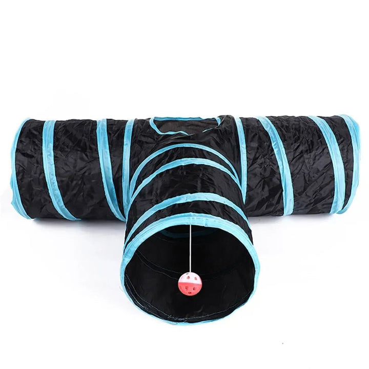 Cat peeking out of a three-way foldable cat tunnel, an interactive indoor toy for playful felines