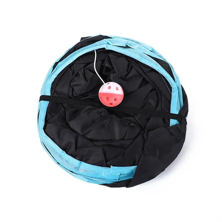 Foldable cat tunnel shown collapsed for easy storage, highlighting its portability and space-saving design