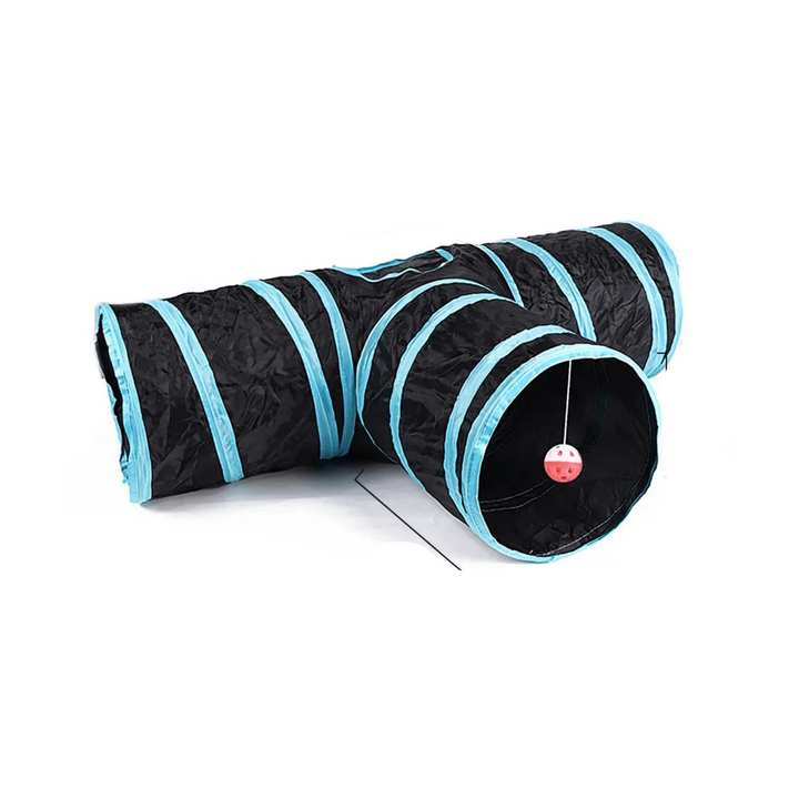 Set of two foldable cat tunnels connected, creating an extended pet playground for multiple felines