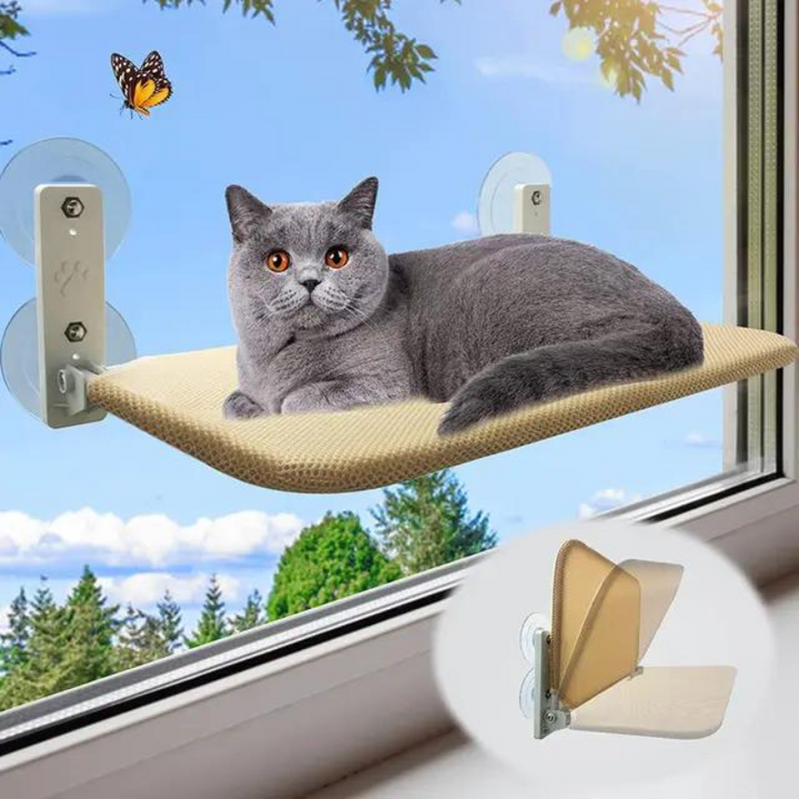 Space-saving foldable cat window perch, durable pet bed with secure suction cup mounting for cats