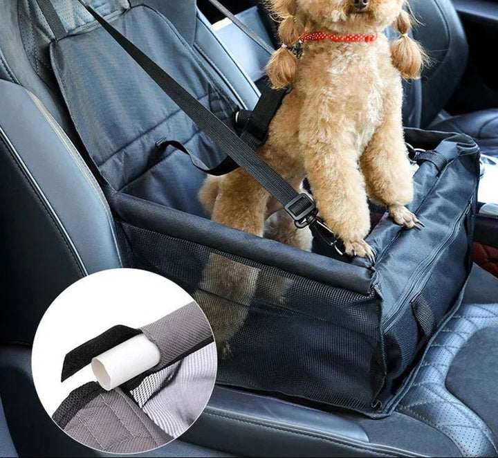 Small dog pet booster seat for car travel, includes secure safety belt and portable design